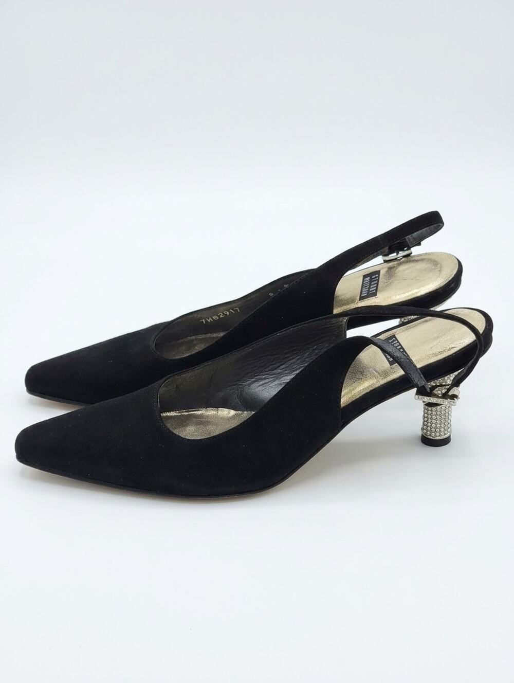 Stuart Weitzman Black Satin Rhinestone Heel Slingback Pumps 6B 90s Glam